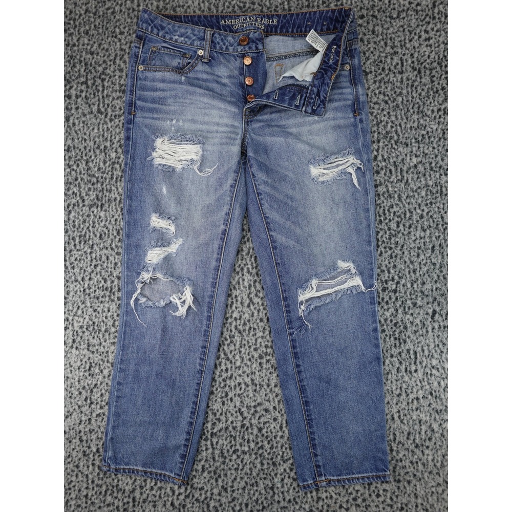 American Eagle Boy Crop Jeans Womens 8 Blue Distressed Ripped Button Fly